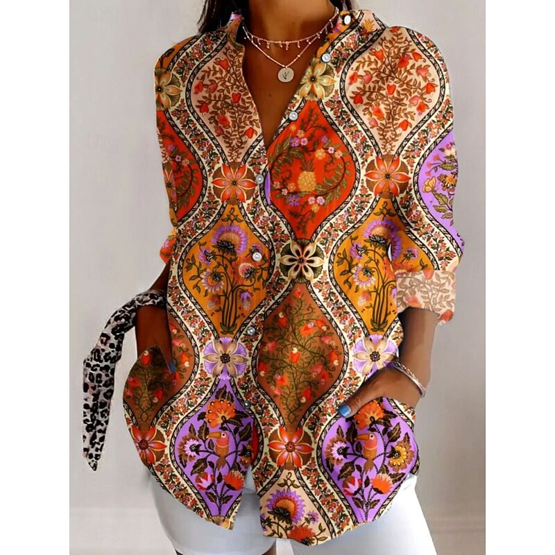 Women's Shirt Button Down Tunic Shirt Collar Long Sleeve Graphic Leaves Elegant Vintage Tropical Regular Tops Work Daily s Print Pink Orange Green Spring Fall2