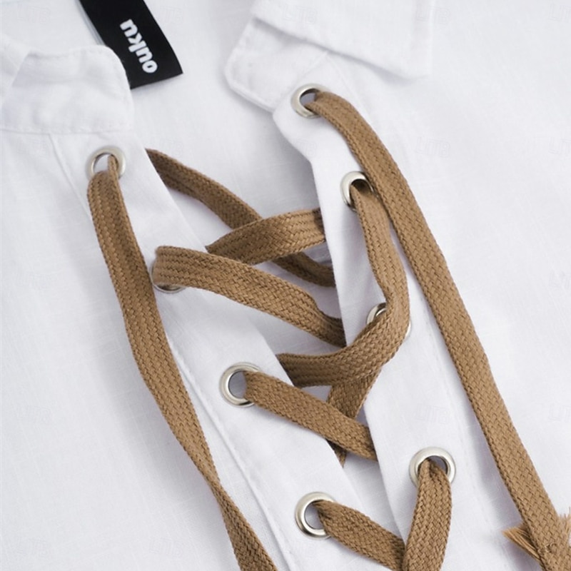 Men's Shirt Linen Shirt Viking Style Popover Shirt Summer Shirt Beach Wear Solid Color Vacation Street White+Orange White+Green Green+orange White+White Long Sleeve Collarless Summer Spring Clothing4