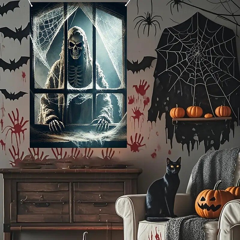 Halloween Window Curtain Grim Reaper Peeking Through Window, Horror Door Cover, Window cover, Wall Tapestry for Spooky 2025 Halloween Decoration3