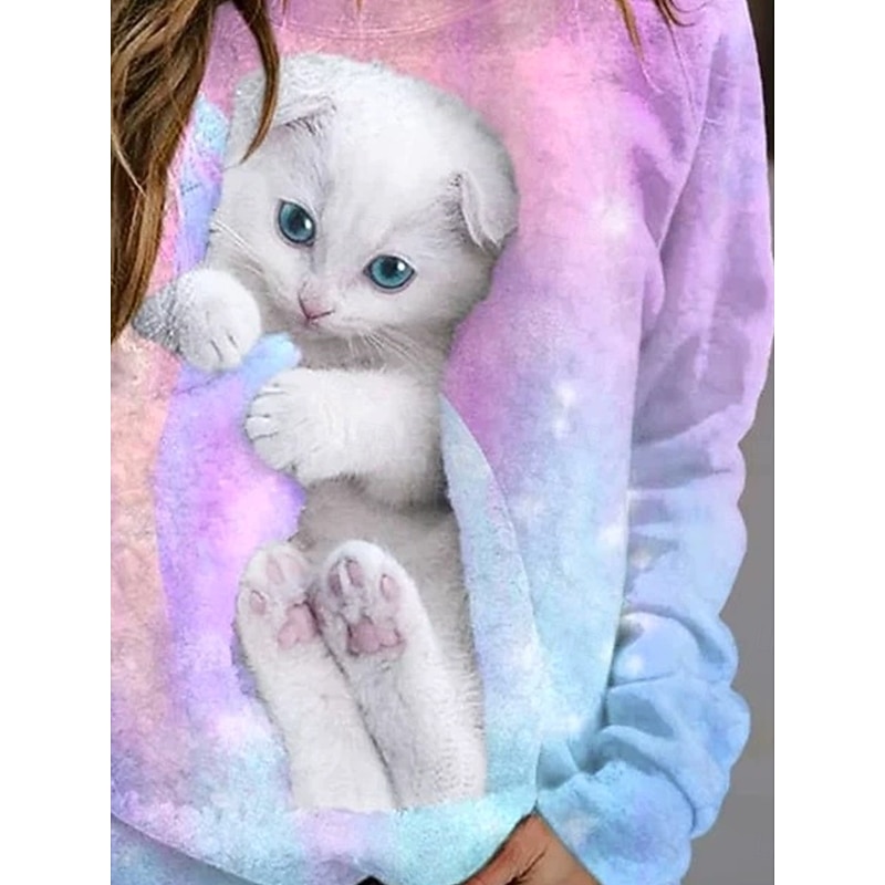 Women's Pullover Sweatshirt Hoodies Graphic Animal Cat Fashion Casual Long Sleeve Crew Neck Regular Tops Street Dailywear Casual Print Light Pink Light Blue Spring Fall Winter3