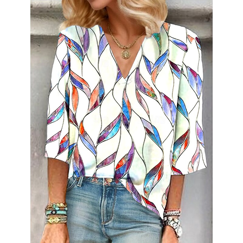 Women's Blouse Button Down Graphic Plants Elegant Stylish Casual 3/4 Length Sleeve V Neck Regular Tops Daily Going out Print Light Green Purple Rose Pink Summer Spring Fall4