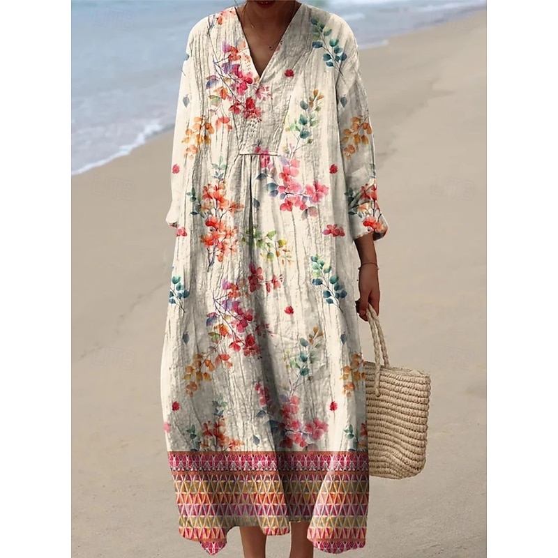 Women's Midi Dress V Neck Long Sleeve Kaftan Lightweight Loose Fit A Line Dress Casual Going out Loose Fit Floral Graphic Paisley Long Sleeve V Neck Light Blue Navy Black Orange Fall4