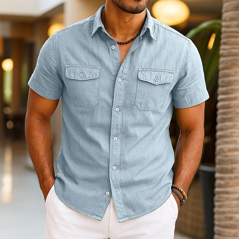 Men's Shirt Linen Shirt Summer Shirt Beach Shirt Solid Color Vacation Curise Green Light Grey Light Blue Short Sleeve Fold-over Collar Summer Spring & Summer Clothing Apparel Pocket
