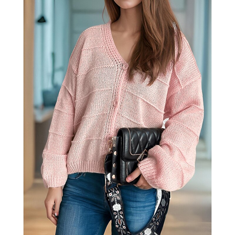 Women's Sweater Cardigan Fashion Streetwear Daily Solid Color Ribbed V Neck Knitted Long Sleeve Regular Tops Knit Holiday Going out Weekend Black White Spring Fall4