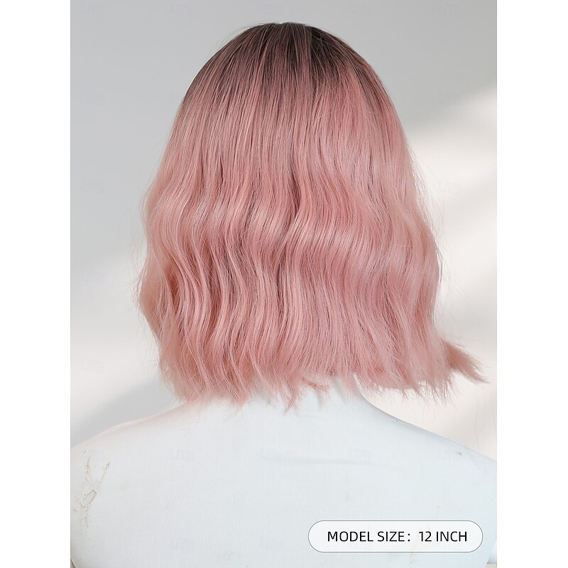 12‑Inch Gradient Pink Wavy Wig for Women – Full Bangs, Short Synthetic Hairpiece, Perfect for Halloween Cosplay & Party Looks4