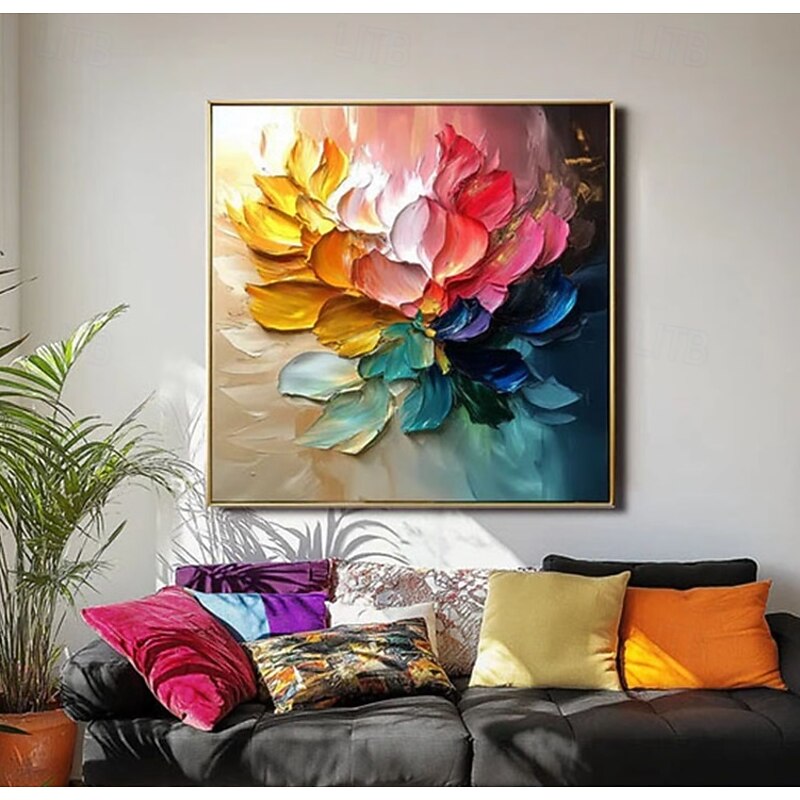 Hand Painted Artisan Multicolor Blossom Oil Painting Vibrant Gradient Petals Textured Impasto Brushwork Framed in Natural Wood Modern Eclectic Homewith Teal Accents frame Painting2
