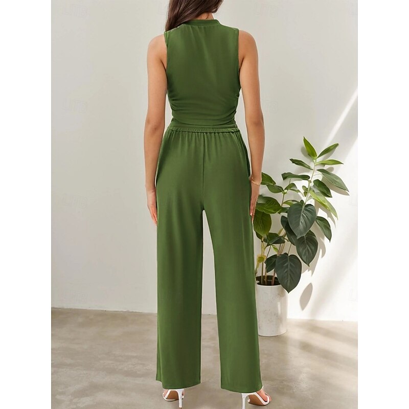 Women's Fashion Streetwear Daily Pants Sets Sleeveless Crew Neck Solid Color Drawstring Casual Daily Blue Orange Brown Summer Regular Fit4