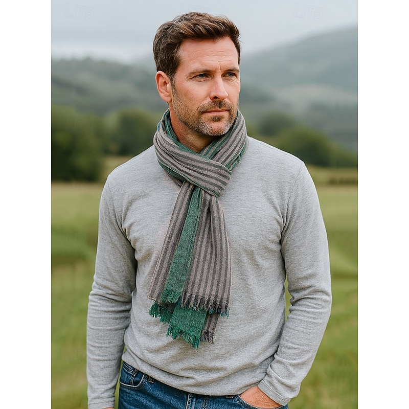 Men's Striped Cotton Scarf – Lightweight Soft Fringed Wrap for Fall & Winter, Casual Vintage Style Shawl for Travel, Daily Wear & Outdoor Activities3