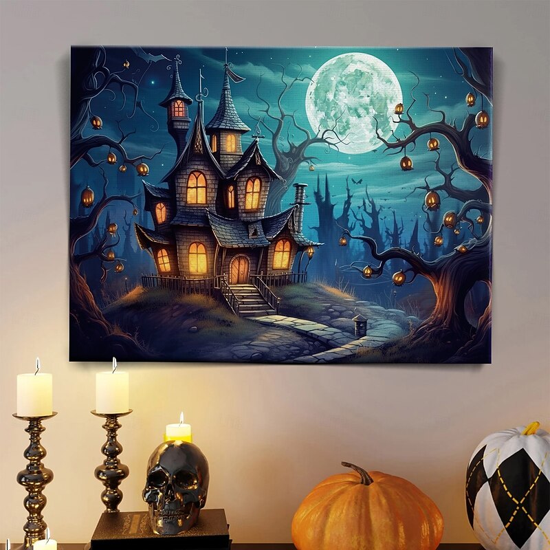 Halloween Full Moon Haunted Village LED Canvas Wall Art - Battery Operated Lighted Wall Decor for 2025 Halloween home decoration light livingroom and bedroom2