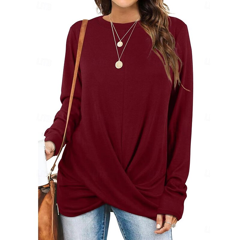 Women's Blouse Solid Color Stylish Casual Long Sleeve Crew Neck Regular Tops Daily Ruched Black White Wine Green Beige Summer Spring Fall