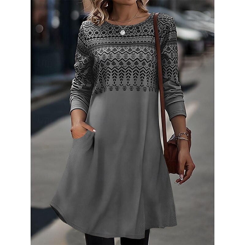 Women's Midi Dress Sheath Dress T Shirt Dress Tee Dress A Line Dress Athletic Dress Vacation Casual Boho Daily Regular Fit Graphic Geometric Houndstooth Long Sleeve Crew Neck Blue Khaki Gray Summer3