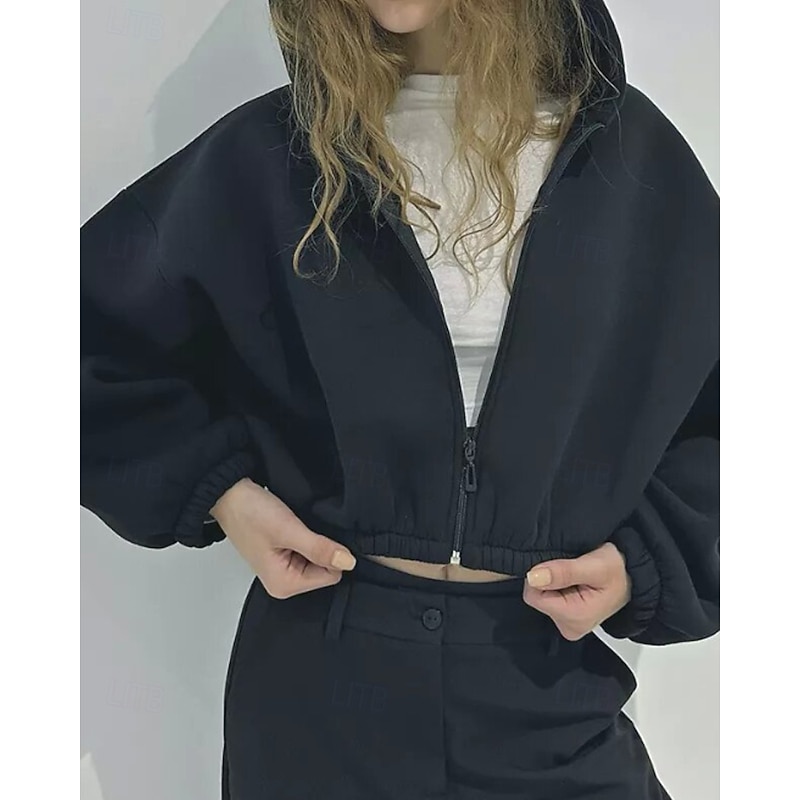 Women's Pullover Hoodie Sweatshirt Zip Up Hoodies Plain Streetwear Casual Long Sleeve Hooded Regular Tops Street Holiday Zipper Black Light Grey Gray Fall Winter2