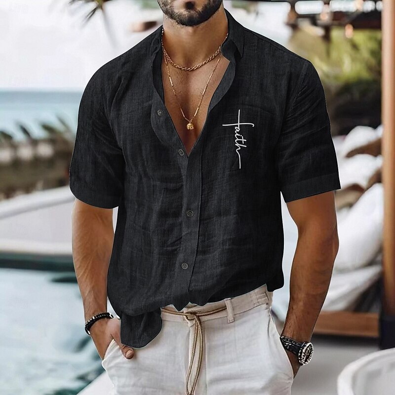 Men's Linen Shirt Casual Shirt Cotton Linen Shirt Button Up Shirt Faith Vacation Daily Wear Black White Light Green Pink Short Sleeve Lapel All Seasons Clothing Apparel Buckle4