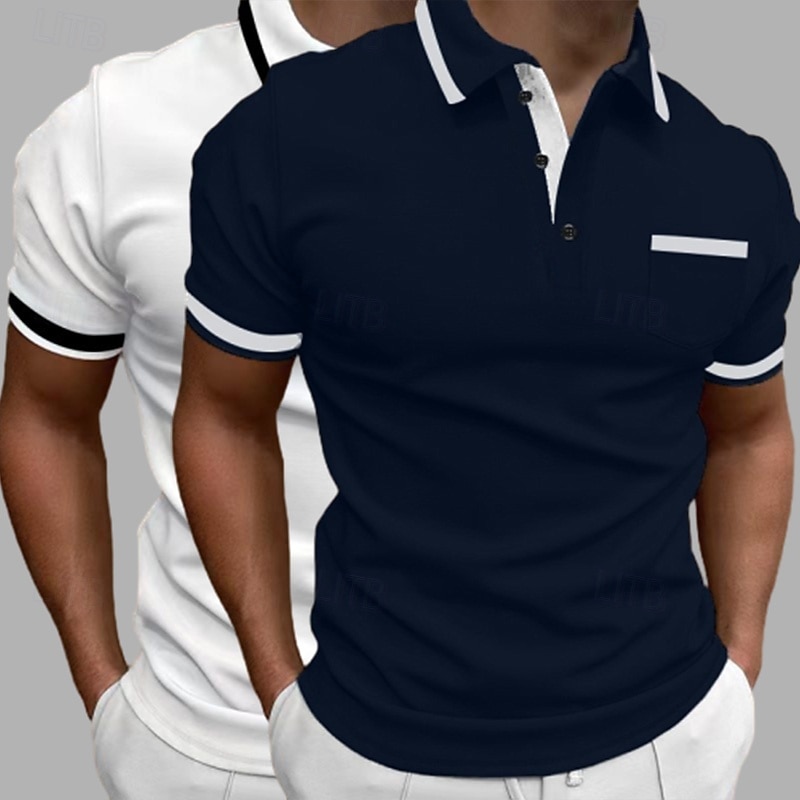 2 Pieces Men's Color Block Polo Shirts Pocket Golf Shirt Short Sleeve Lapel Fashion Basic Comfortable Sports & Outdoor Casual Athleisure Front Pocket Summe4