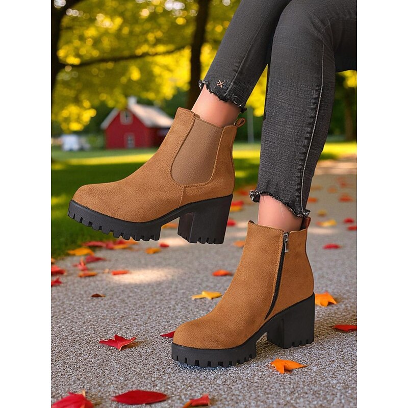 Women's Faux Suede Chelsea Boots – Block Heel Lug Sole Ankle Boots for Autumn Farm Trips, Country Roads and Pumpkin Picking