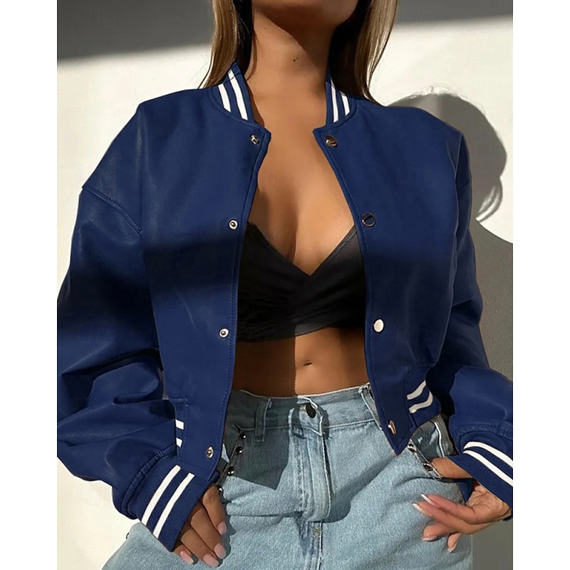 Women's Faux Leather Jacket Casual Jacket Comfortable Buttons Fashion Modern Outdoor Plain Going out Casual Daily Weekend Single Breasted Short Stand Collar Regular Fit Long Sleeve Outerwear Black3