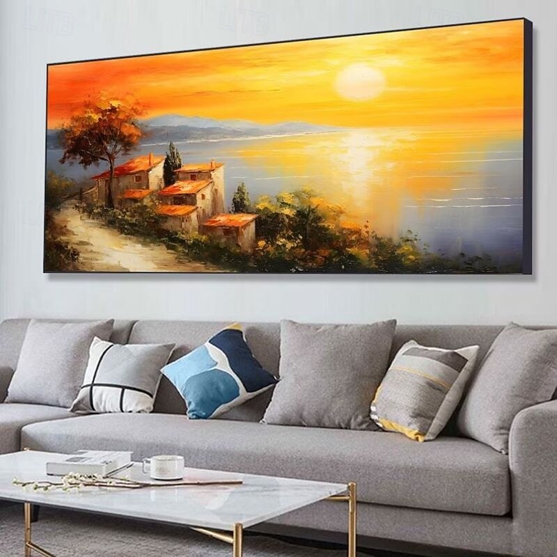 Handmade Oil Painting Canvas Wall Art Decoration Sunset Village Seaside Town Ocean Landscape Texture Abstract Orange Sky Knife Painting for Home Decor Rolled Frameless Unstretched Painting3