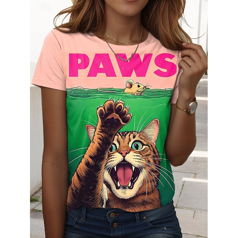 Women's T Shirt Graphic Animal Cat Vintage Stylish Classic Short Sleeve Crew Neck Regular Tops Daily Weekend Print Pink Blue Purple Green Summer Spring4