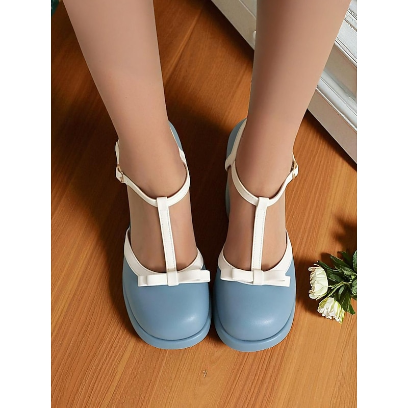 Women's Blue and White T-Strap High Heels with Bow Detail -1960s Vintage Style,Comfortable Platform Pumps for Casual, Daytime Wear and Retro Outfits.3