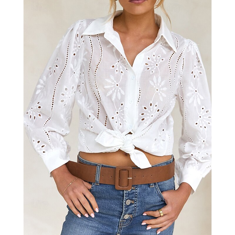 Women's Shirt Plain Daily Stylish Basic Long Sleeve Puff Sleeve Shirt Collar Regular Tops Work Daily Holiday Hollow Out Black White Blue Spring Fall3