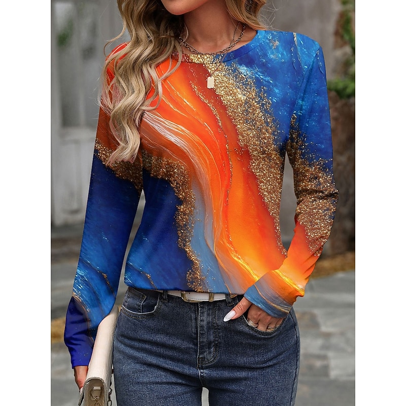 Women's T shirt Crew Neck Long Sleeve Tunic Ombre Graphic Color Block Vintage Stylish Casual  Round Neck Regular Tops Daily Print Purple Orange Green Fall
