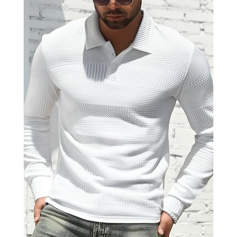 Men's Golf Shirt Golf Polos Shirts Work Casual Lapel Long Sleeve Basic Modern Plain Buttons Jacquard Spring Fall Regular Fit Black White Khaki Golf Shirt