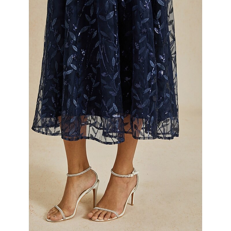 Women's Tea Length A Line Dress Tulle Dress Elegant Party Cocktail Solid Color 3/4 Length Sleeve V Neck Navy Blue Summer Spring4