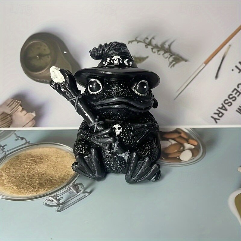 Handcrafted Resin Enchanting Witch Frog Figurine - Magical Gothic Halloween Decor Tabletop Ornament with Black Hat & Skull Accents Perfect for Halloween Christmas New Year & More No Electricity N4