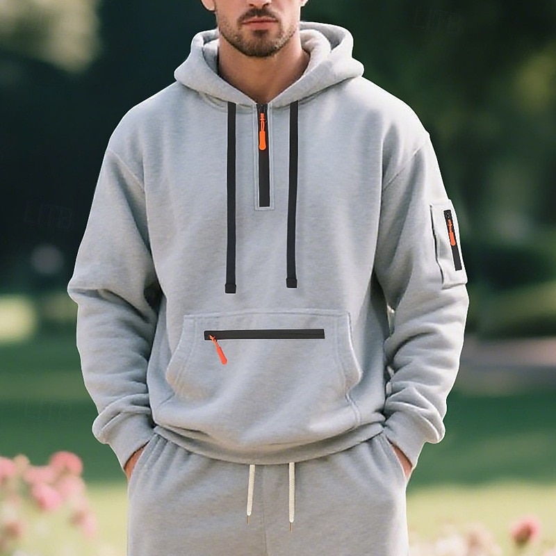 Men's Hoodie Quarter Zip Hoodie Fleece Hoodie Black White Navy Blue Khaki Light Grey Hooded Plain Patchwork Quarter Zip Sports & Outdoor Casual Daily Streetwear Cool Sportswear Fall & Winter Clothing2