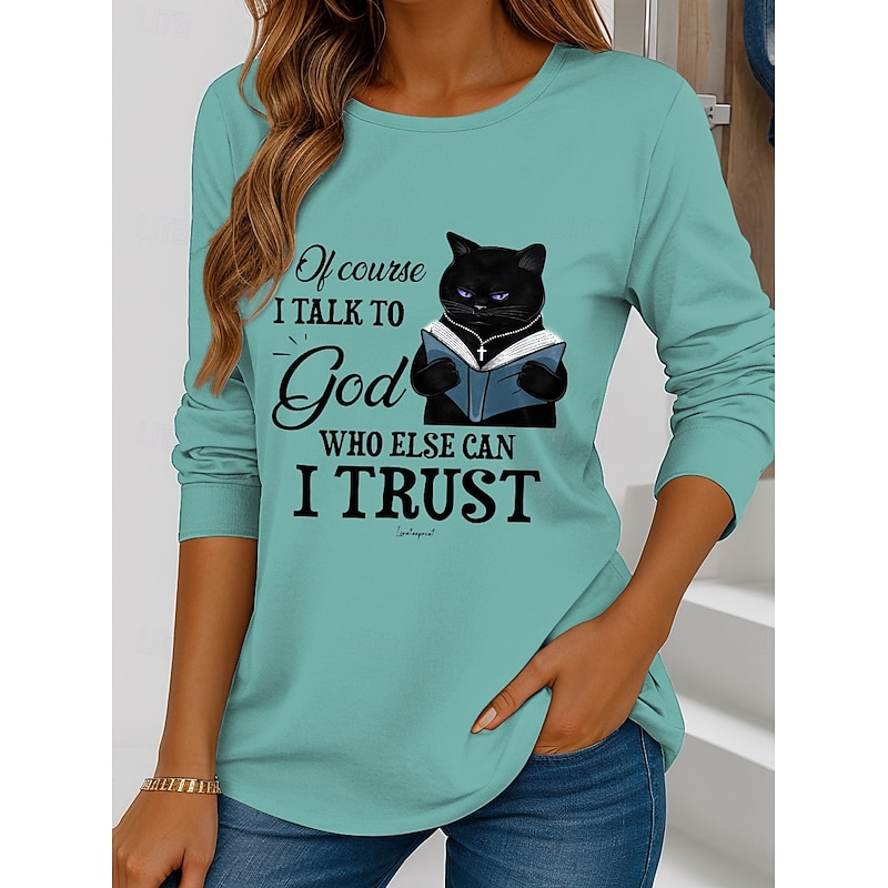 Women's T shirt Crew Neck Long Sleeve Tunic Graphic Cat Letter Vintage Stylish Classic  Round Neck Regular Tops Daily Weekend Print White / Black Black White Pink Green Spring Fall4