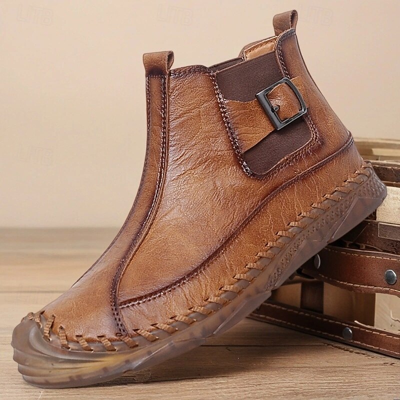 Men's Handmade Retro Ankle Boots with Buckle Detail – Stylish Moccasin-Inspired Casual Boots for Autumn Strolls, Weekend Wear and Everyday Fashion