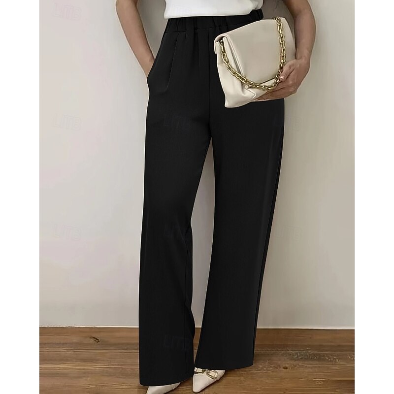 Women's Wide Leg Dress Pants Fashion Streetwear Full Length Natural Plain Pocket Elastic Waist Comfortable Formal Office Going out Grey Black Fall Regular Fit