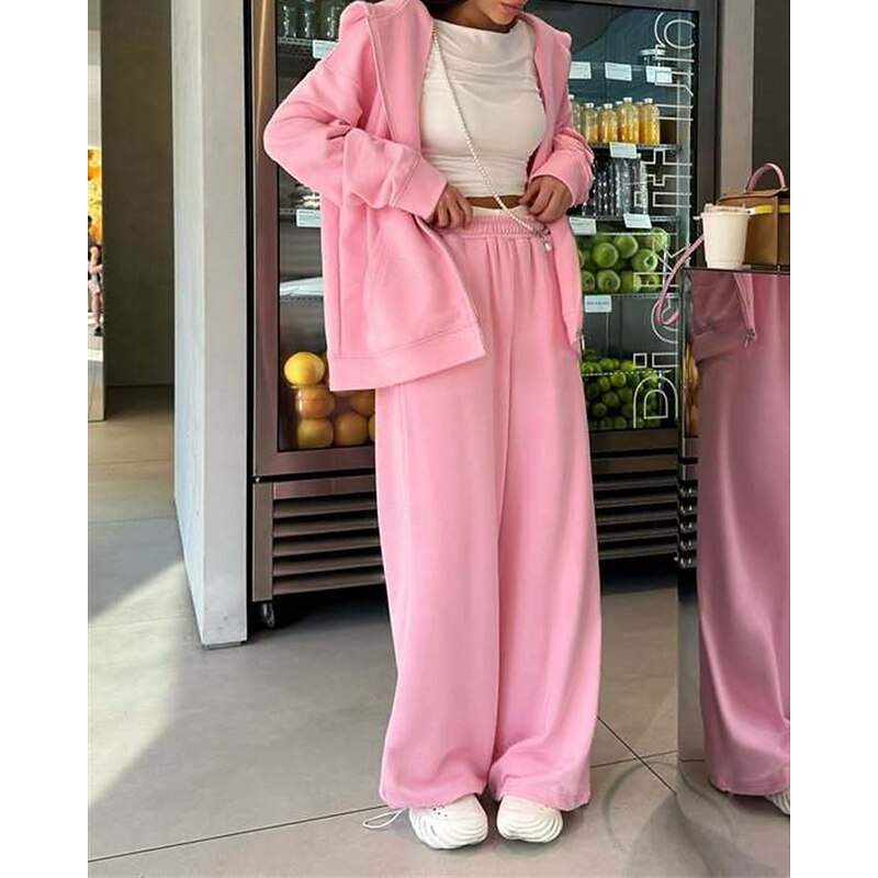 Women's Fashion Streetwear Tracksuit Pants Sets Long Sleeve Hooded Plain Zipper Daily Wear Date Pink Burgundy Beige Spring &  Fall Regular Fit3