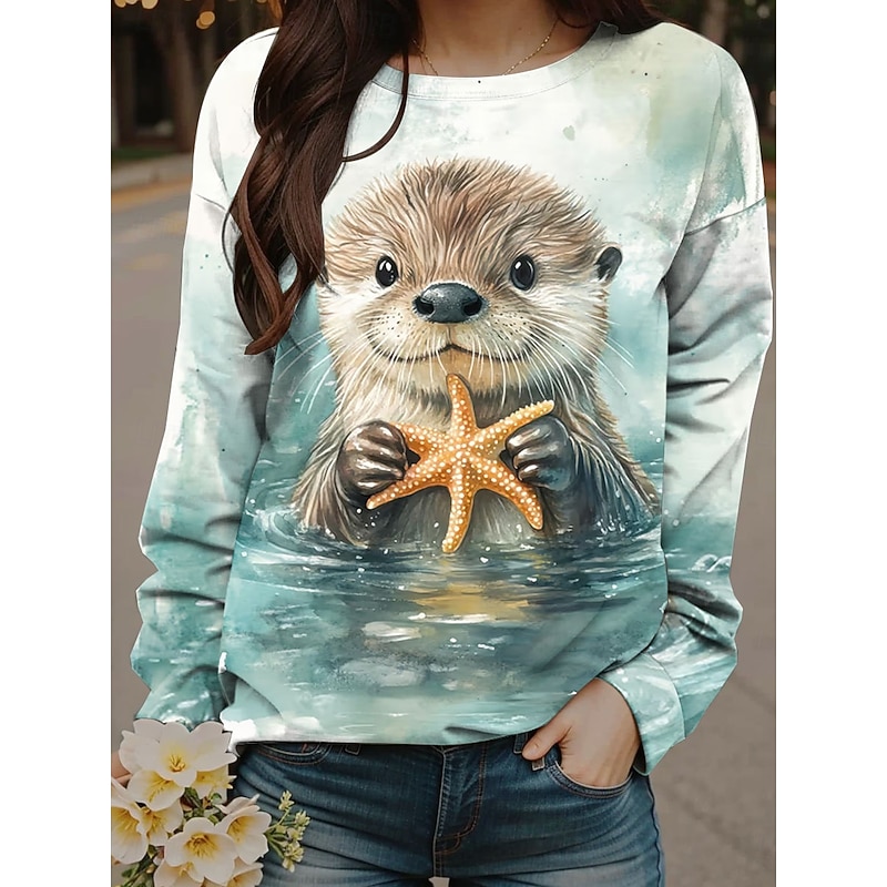 Women's Sweatshirts Graphic Animal Casual Long Sleeve Crew Neck Regular Tops Street Dailywear Print Blue Brown Green Fall Winter