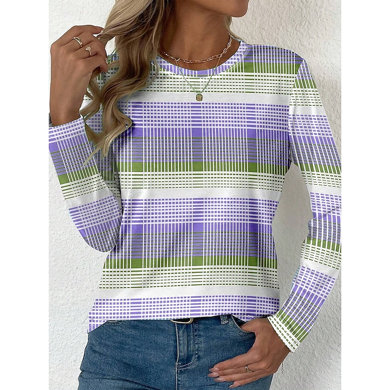 Easter Women's T shirt Long Sleeve Crew Neck Long Sleeve Tunic Graphic Plaid Stylish Modern Casual Regular Tops Daily Print Yellow Pink Blue Purple Green Fall Prefall3