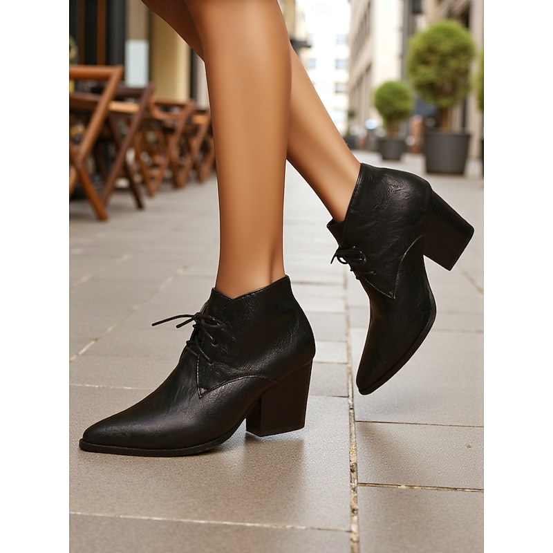 Women's Retro Lace-Up Pointed Toe Ankle Boots - Faux Leather Block Heel Short Boots for Fall,Street Style & Daily Outfits3