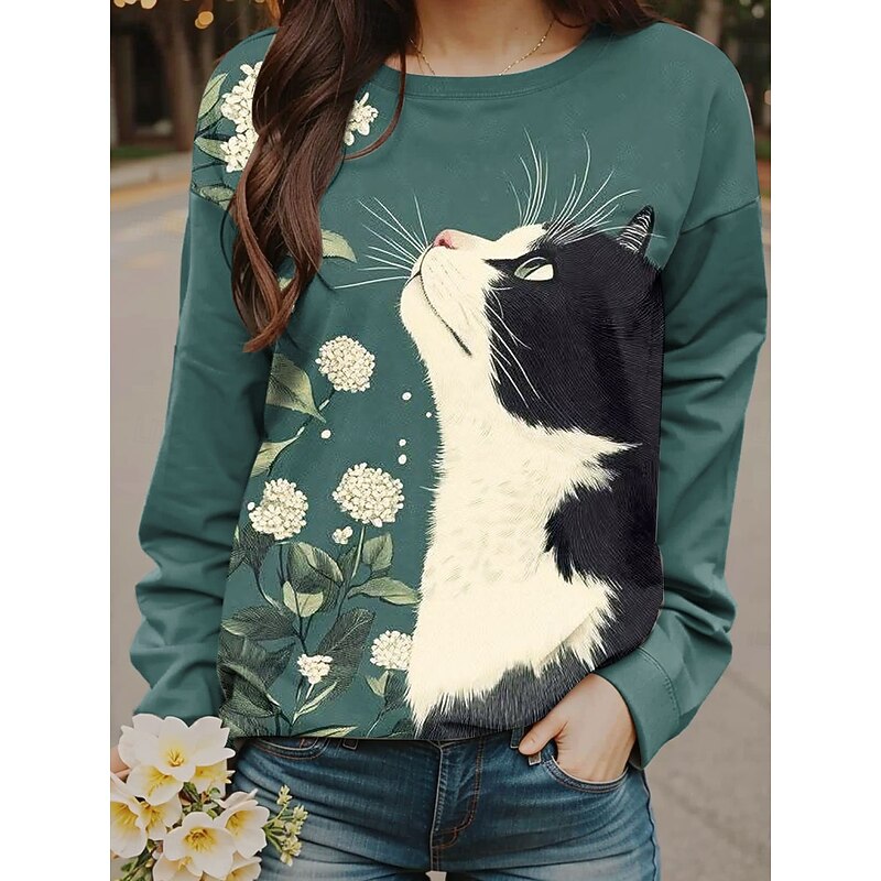 Women's Sweatshirts Graphic Animal Casual Long Sleeve Crew Neck Regular Tops Street Dailywear Print Yellow Blue Orange Green Fall Winter