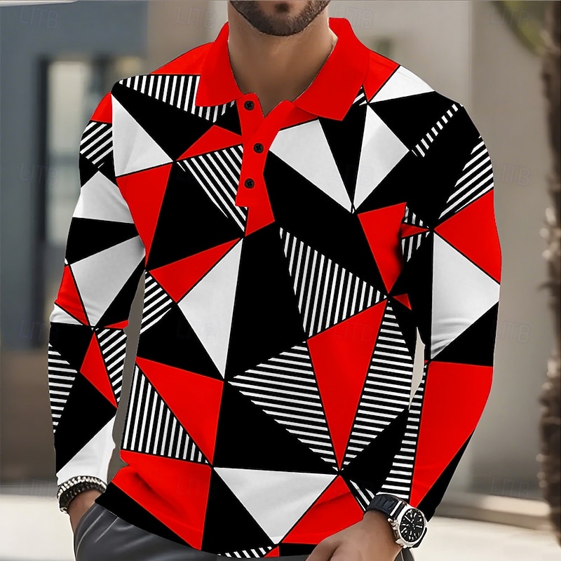 Men's Abstract Geometic Polo Long Sleeve Polo Shirts Lapel Casual Athleisure Daily Wear 3D Print Buttons Spring Fall Winter Red Blue Orange - Main Image