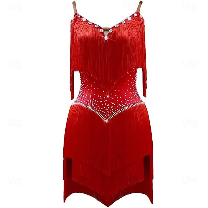 Latin Dance Dress Crystal / Rhinestone Tassel Pure Color Women's Performance Party Sleeveless Spandex3