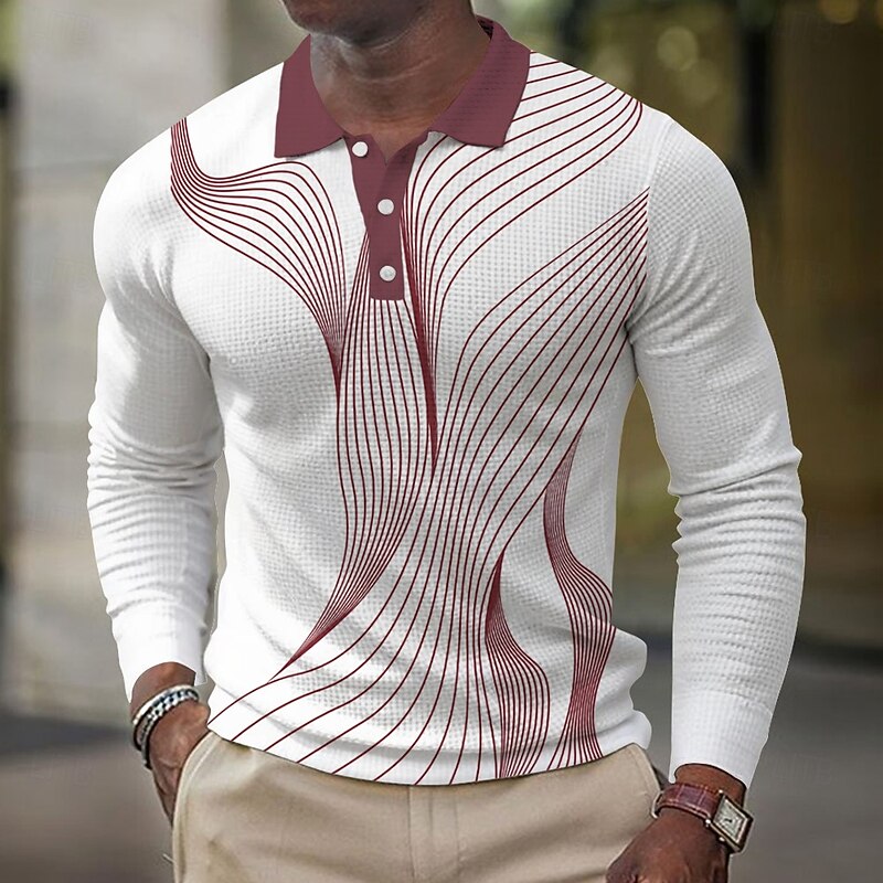 Men's Geometic Line Waffle Polo Shirts Long Sleeve Polo Shirts Collared Shirts Business Casual Business Wear to work Daily Wear Buttons Spring Fall Winter Black Red Blue3
