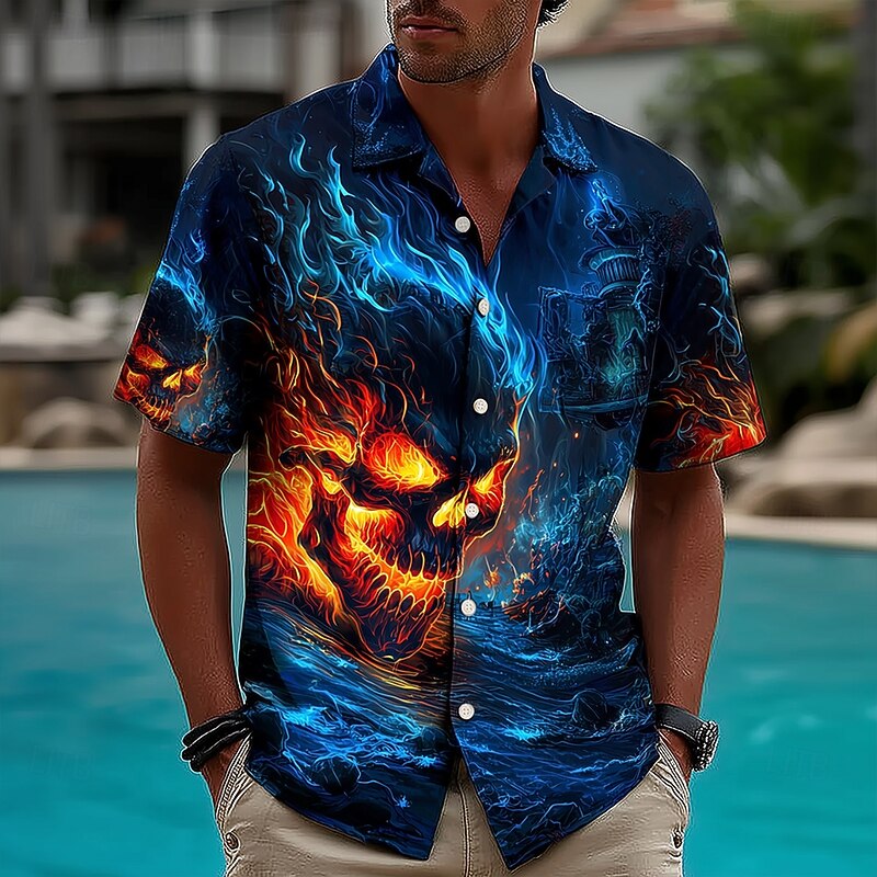 Men's Skull Flame Halloween Costumes Shirt Cuban Collar Shirt Button Up Shirt Short Sleeve Dark Punk Gothic Style Holiday Streetwear Summer Camp Collar Shirt 3D Print Blue 2# Blue 1# Dark Blue3