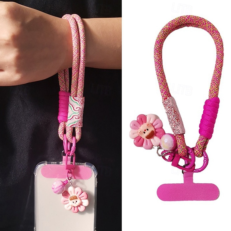 New printed wrist mobile phone short rope hanging rope flower pendant dual-use short woven rope sturdy men's and women's outdoor travel hanging rope
