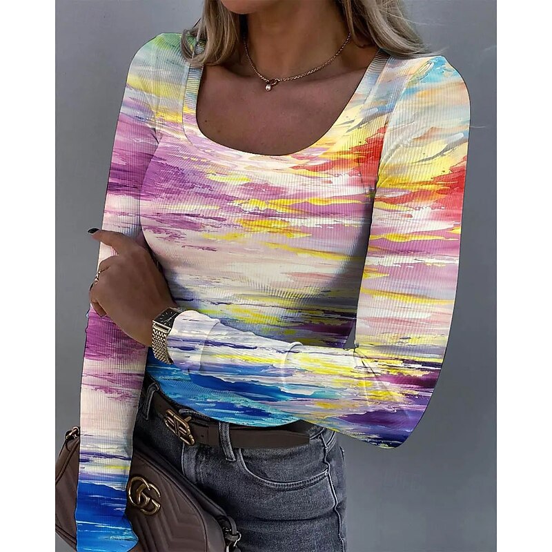 Women's T shirt Long Sleeve Ribbed Graphic Square Neck Long Sleeve Casual Tunic Ombre Vintage Stylish Regular Tops Daily Print Yellow Blue Purple Green Spring Fall Prefall3