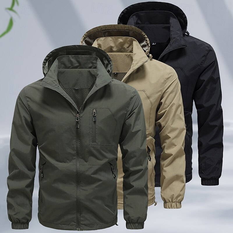 Men's Outdoor Jacket Windbreaker Rain Jacket Daily Going out Windproof Breathable Pocket Spring Fall Plain Fashion Classic Hooded Regular Black Khaki Army Green Jacket