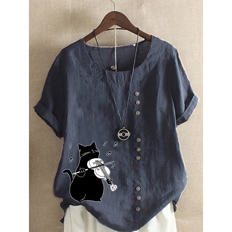 Women's Cotton Linen Shirts Animal Cat Elegant Vintage Tropical Sleeveless Short Sleeve Crew Neck Regular Tops Daily Holiday Vacation Wear Buttons Grass Green White Yellow Pink Army Green Summer