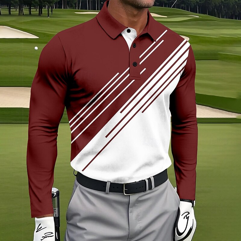 Men's Geometic Line Polo Long Sleeve Polo Shirts Collared Shirts Sportswear Athleisure Daily Wear 3D Print Spring Fall Winter Black Red Navy Blue4