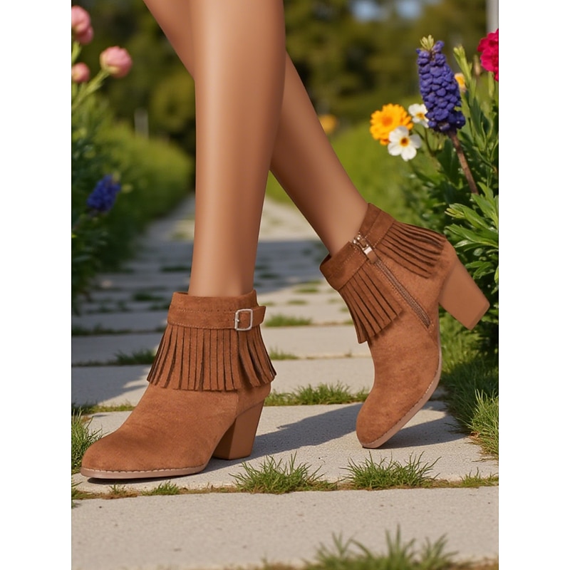 Women's Faux Suede Fringe Ankle Boots with Block Heels – Western Style for Garden Parties, Farm Festivals and Autumn Casual Wear3