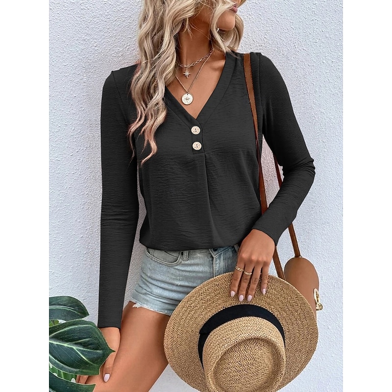 Women's Blouse Solid Color Stylish Casual Long Sleeve V Neck Regular Tops Daily Buttons Black White Navy Blue Green Summer Spring Fall