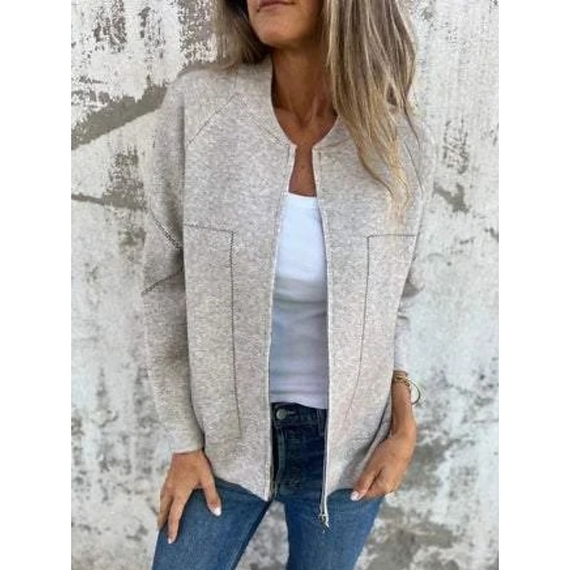 Women's Coat Comfortable Breathable Pocket Fashion Daily Plain Street Casual Zipper Regular Crewneck Regular Fit Long Sleeve Outerwear Black Blue Green Summer Spring4