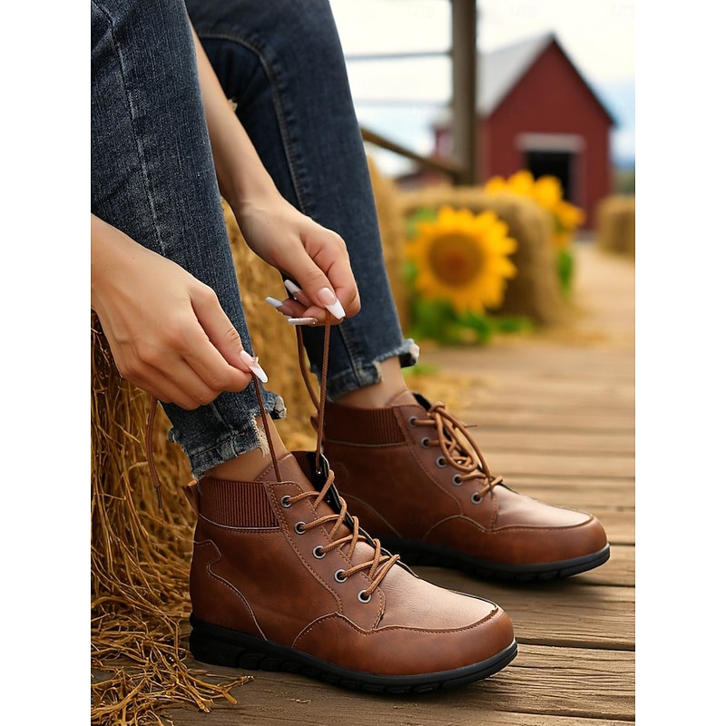 Women's Lace-Up Ankle Boots with Ribbed Collar – Stylish Outdoor Footwear for Farm Visits, Sunflower Fields and Autumn Walks3